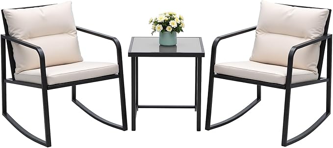 3 Piece Rocking Bistro Set Wicker Patio Outdoor Furniture Porch Chairs Conversation Sets with Glass Coffee Table (Beige)