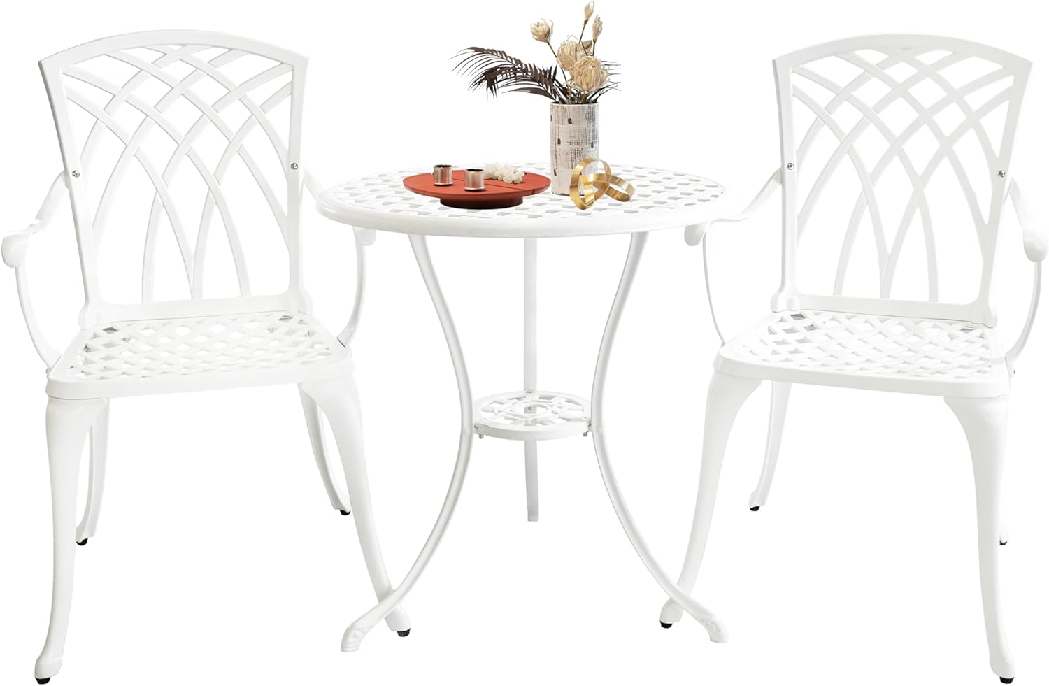 Table and Chairs Set of 2, White Metal Patio Bistro Set, Cast Aluminum Bistro Set 3 Piece Outdoor with Umbrella Hole, 3 Piece Outdoor Bistro Set for Balcony Garden Porch