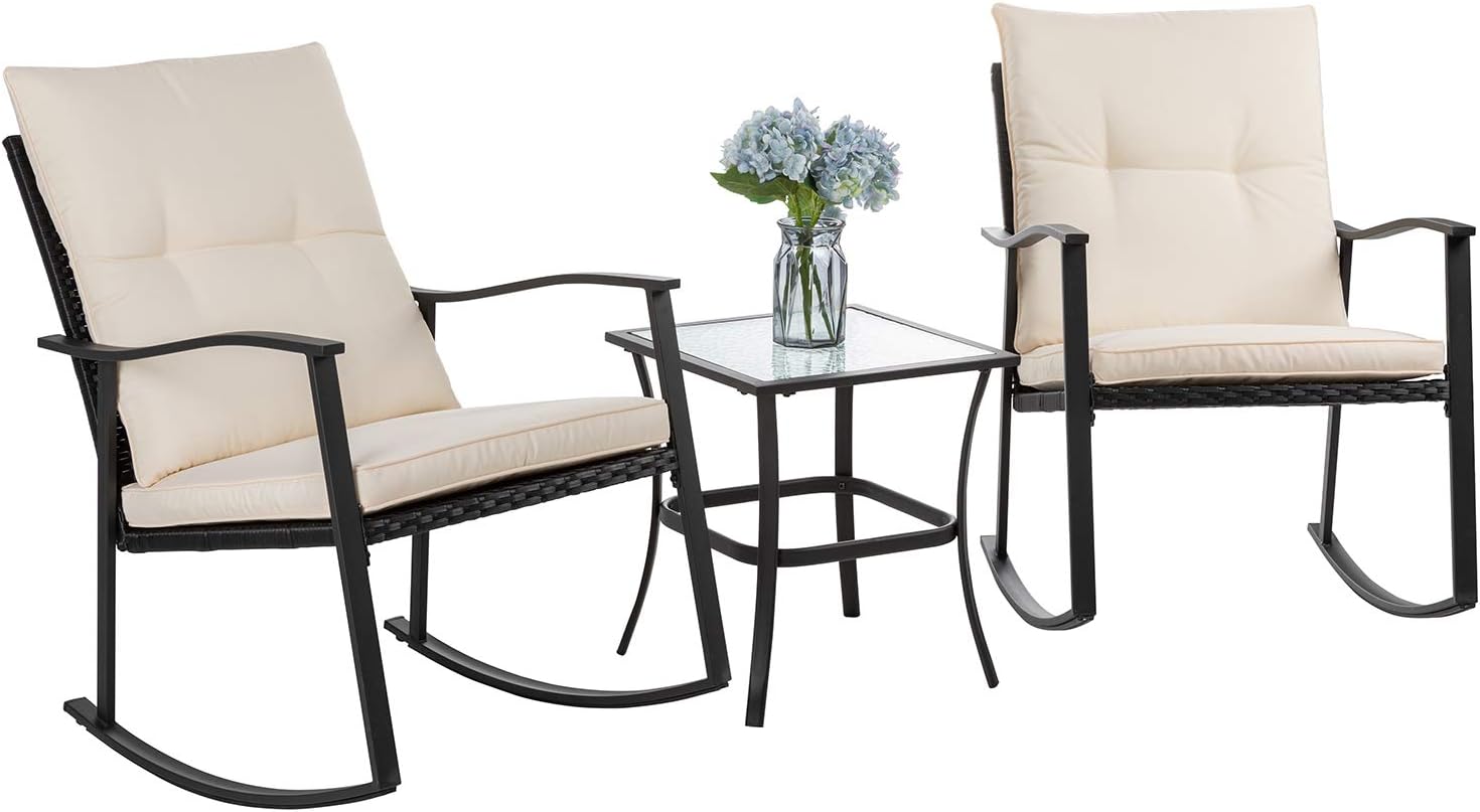 3 Piece Outdoor Rocking Bistro Set, Textilene Fabric Small Patio Furniture Set, Front Porch Rocker Chairs Conversation Set with Glass Table for Lawn, Garden, Balcony, Poolside (Light Gray)