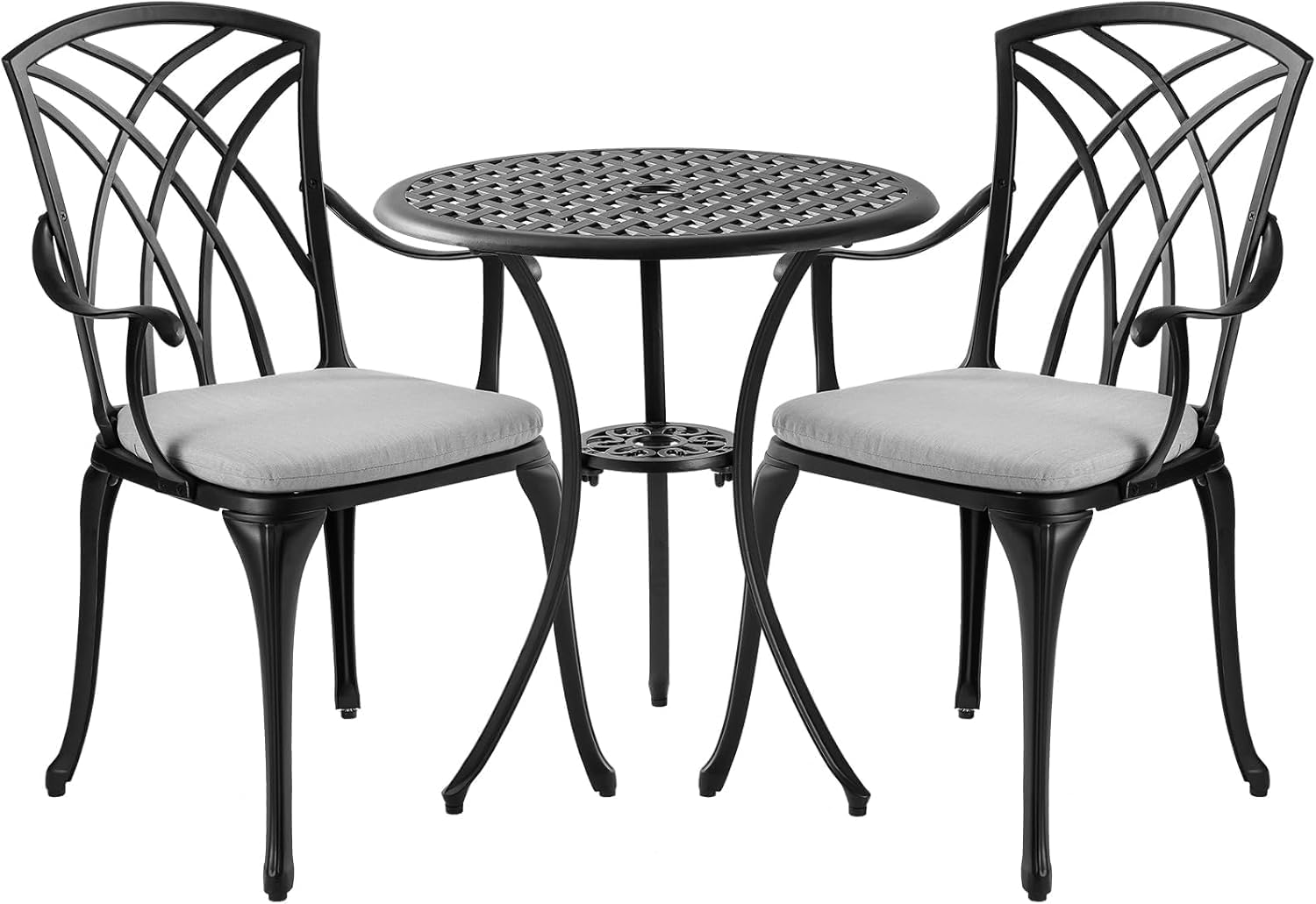  Patio Set Cast Aluminum Bistro Table and Chairs Set of 2 with Cushion,Outdoor Bistro Table Set with Umbrella Hole,Metal Patio Furniture Set for Garden,Black