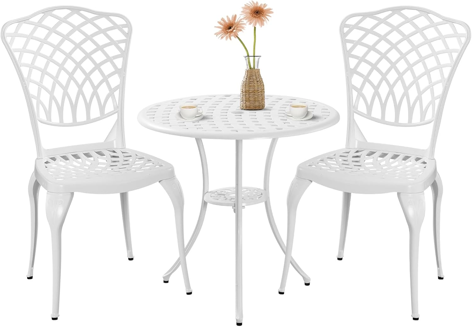 Table and Chairs Set of 2, White Metal Patio Bistro Set, Cast Aluminum Bistro Set 3 Piece Outdoor with Umbrella Hole, 3 Piece Outdoor Bistro Set for Balcony Garden Porch
