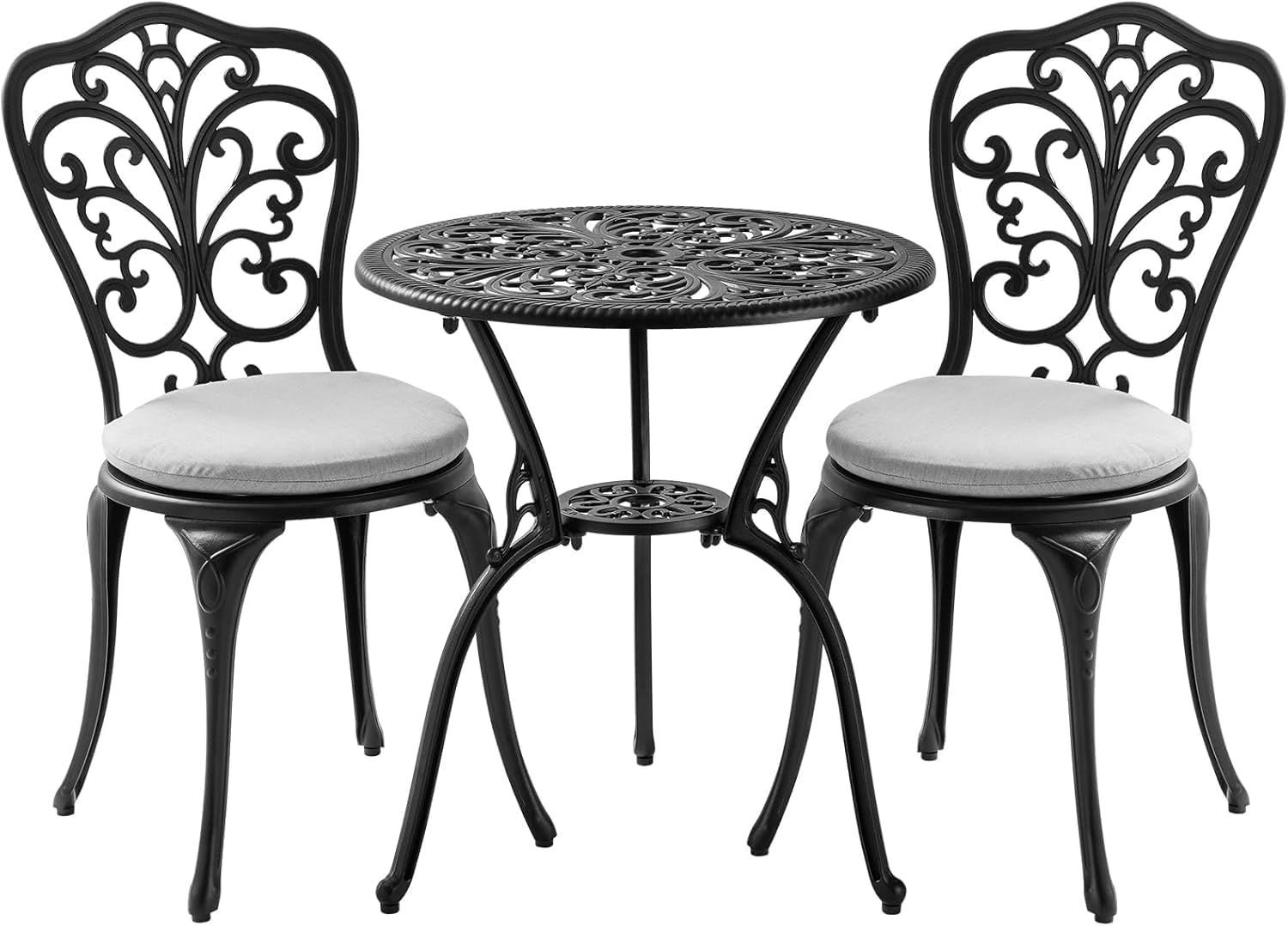  Patio Set Cast Aluminum Bistro Table and Chairs Set of 2 with Cushion,Outdoor Bistro Table Set with Umbrella Hole,Metal Patio Furniture Set for Garden,Black