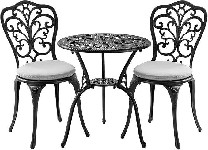  Patio Set Cast Aluminum Bistro Table and Chairs Set of 2 with Cushion,Outdoor Bistro Table Set with Umbrella Hole,Metal Patio Furniture Set for Garden,Black