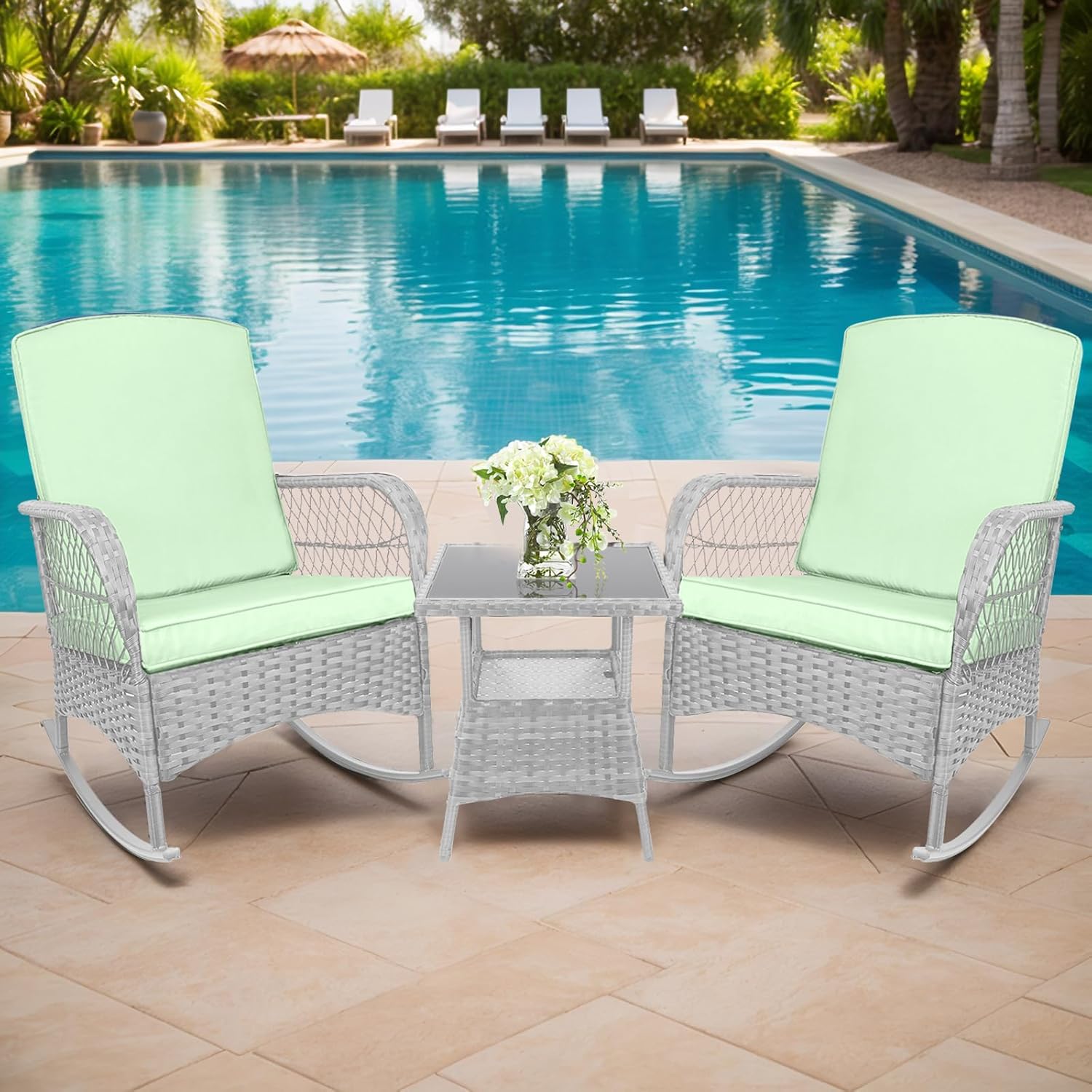 3 pcs Rocking Bistro Set Conversation Chairs PE Wicker Outdoor Rocking Chairs & Glass Table,for Porch Lawn Garden Backyard Deck(Rocking Set,Light Mint)