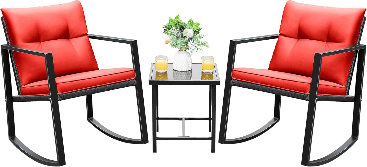 3 Piece Rocking Bistro Set Wicker Patio Outdoor Furniture Porch Chairs Conversation Sets with Glass Coffee Table (Beige)