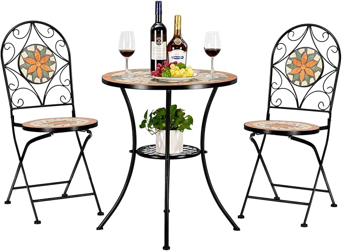  3 Pieces Garden Patio Mosaic Table, Outdoor Bistro Set with Folding Chairs,Black Iron Frame
