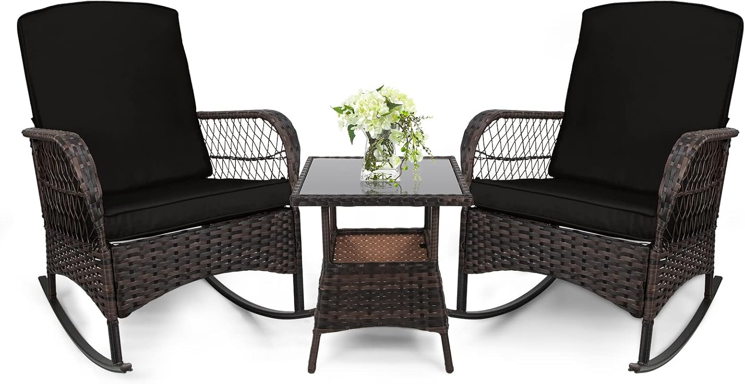 3 pcs Rocking Bistro Set Conversation Chairs PE Wicker Outdoor Rocking Chairs & Glass Table,for Porch Lawn Garden Backyard Deck(Rocking Set,Light Mint)