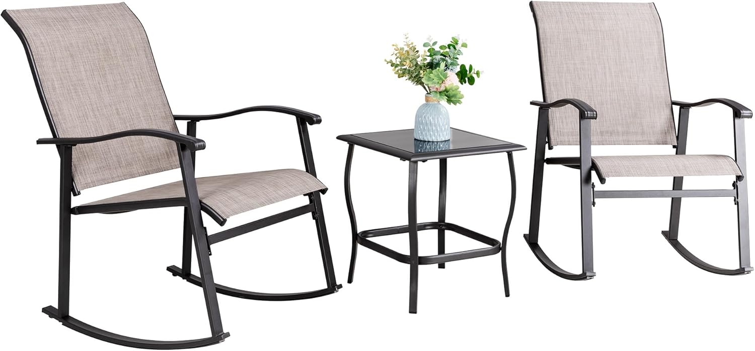 3 Piece Outdoor Rocking Bistro Set, Textilene Fabric Small Patio Furniture Set, Front Porch Rocker Chairs Conversation Set with Glass Table for Lawn, Garden, Balcony, Poolside (Light Gray)