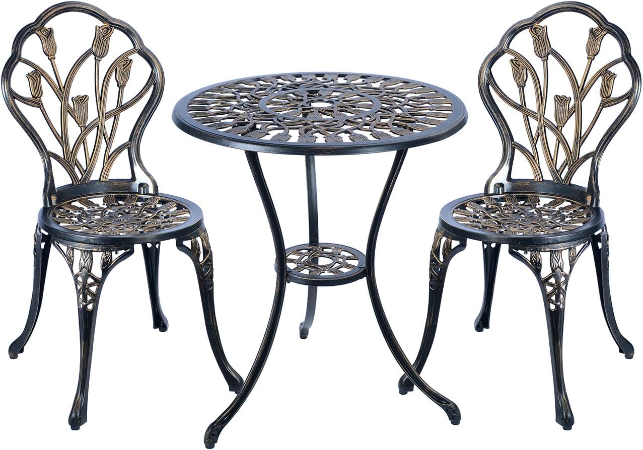 3-Piece Bistro Set - Outdoor Patio Table Set, Anti-Rust Cast Aluminum, White