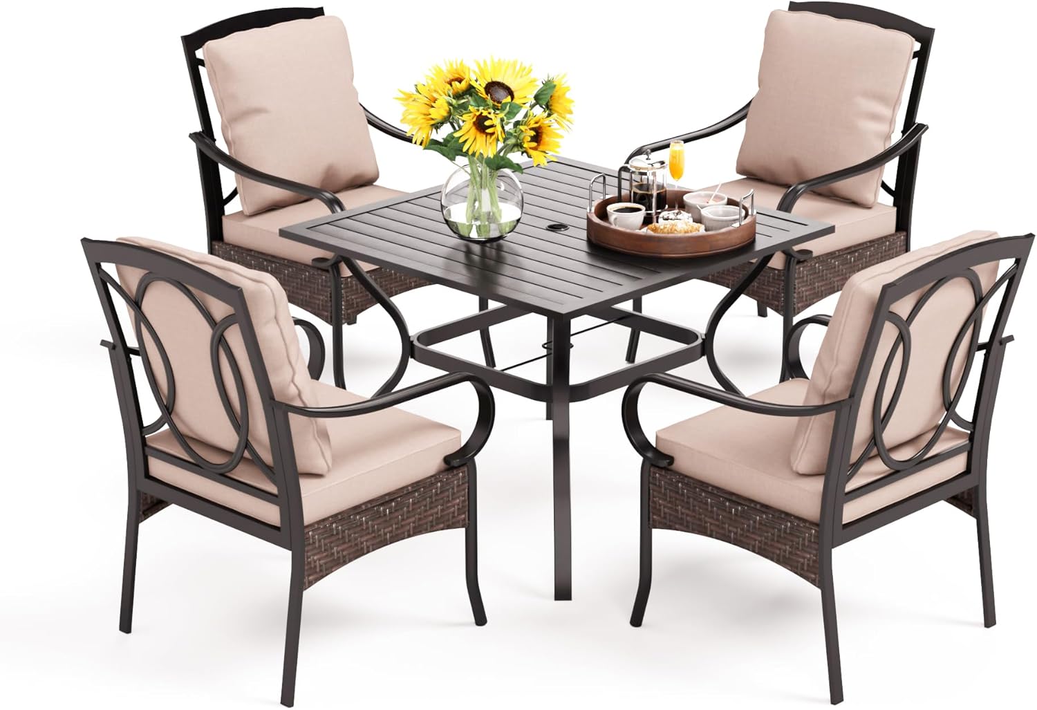  6-Piece Outdoor Dining Sets, All-Weather Patio Table and Chairs Set with Umbrella for 4, Heavy Duty Patio Round Table Set for Deck, 4 Extra Large Outdoor Swivel Chairs with Thick Cushions