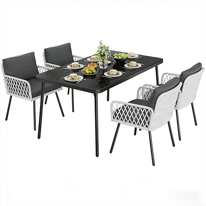 GarveeLife 5 Piece Patio Dining Set, Outdoor All-Weather Wicker Furniture with Table, Patio Conversation Sets with Cushions for Balcony, Garden, Sunroom, Porch (4 Chairs+ Big Table)