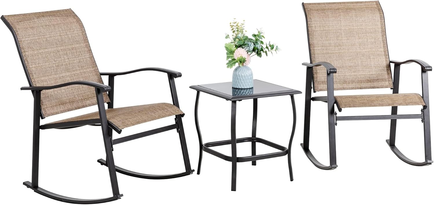 3 Piece Outdoor Rocking Bistro Set, Textilene Fabric Small Patio Furniture Set, Front Porch Rocker Chairs Conversation Set with Glass Table for Lawn, Garden, Balcony, Poolside (Light Gray)