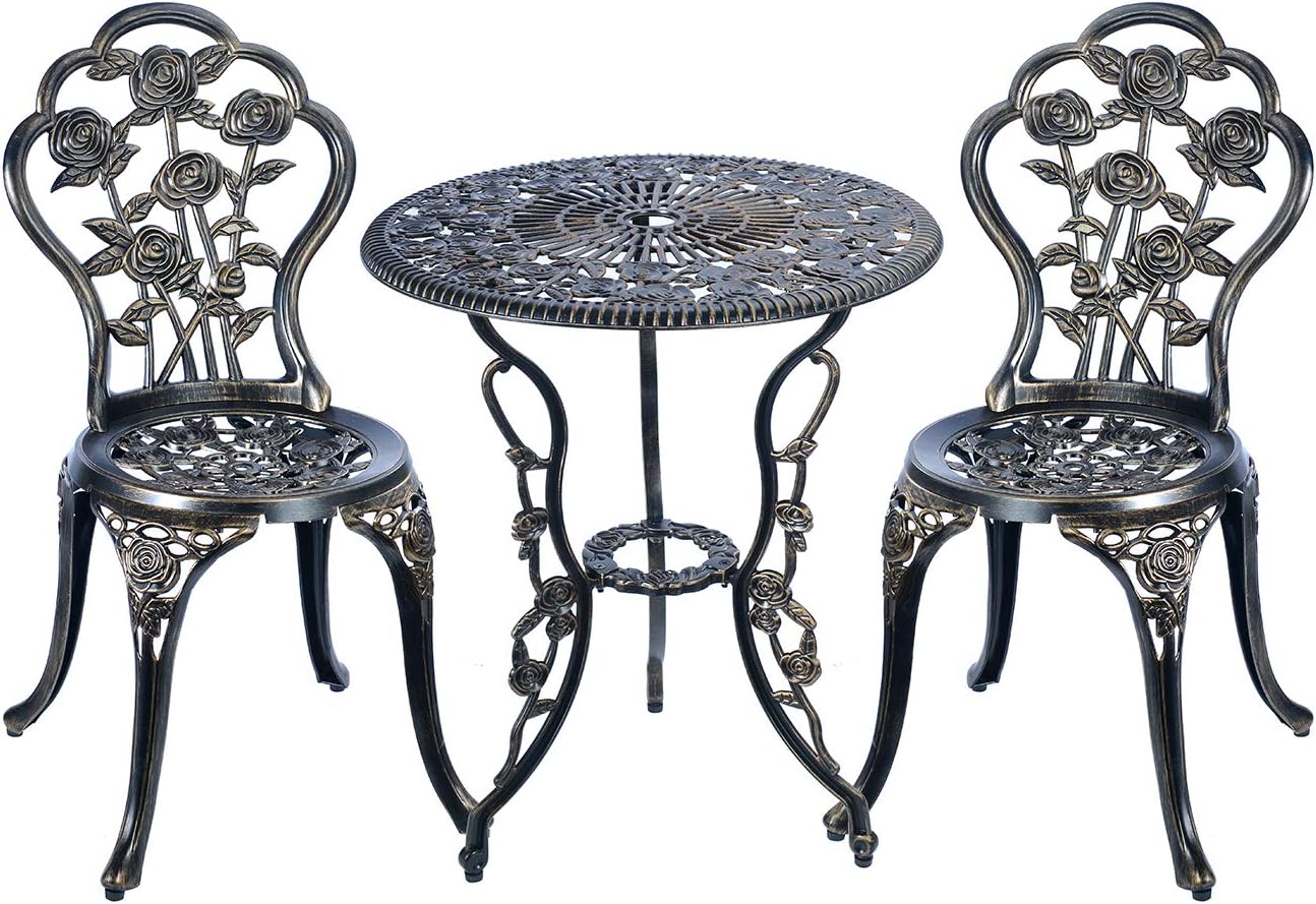 3-Piece Bistro Set - Outdoor Patio Table Set, Anti-Rust Cast Aluminum, White