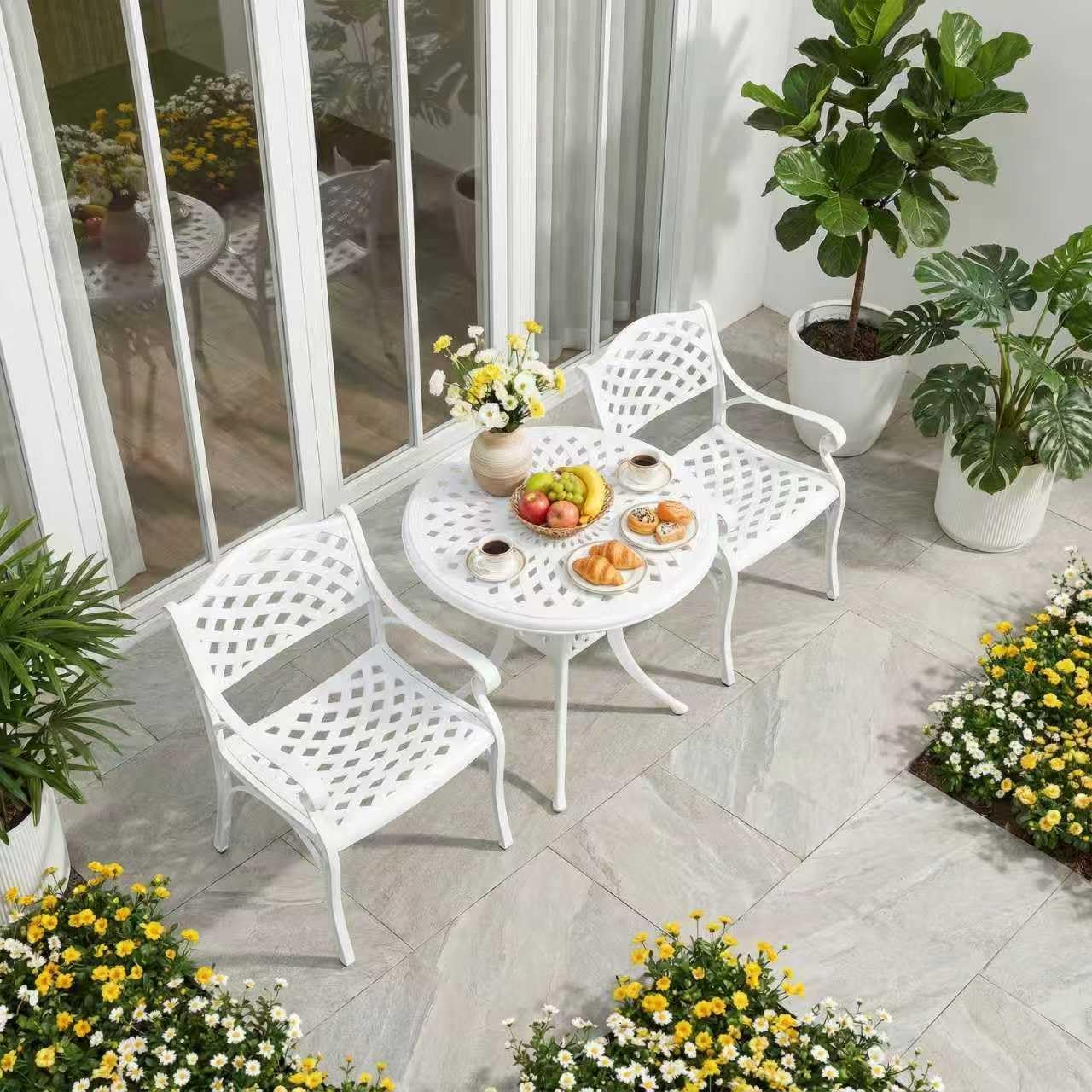 Table and Chairs Set of 2, White Metal Patio Bistro Set, Cast Aluminum Bistro Set 3 Piece Outdoor with Umbrella Hole, 3 Piece Outdoor Bistro Set for Balcony Garden Porch