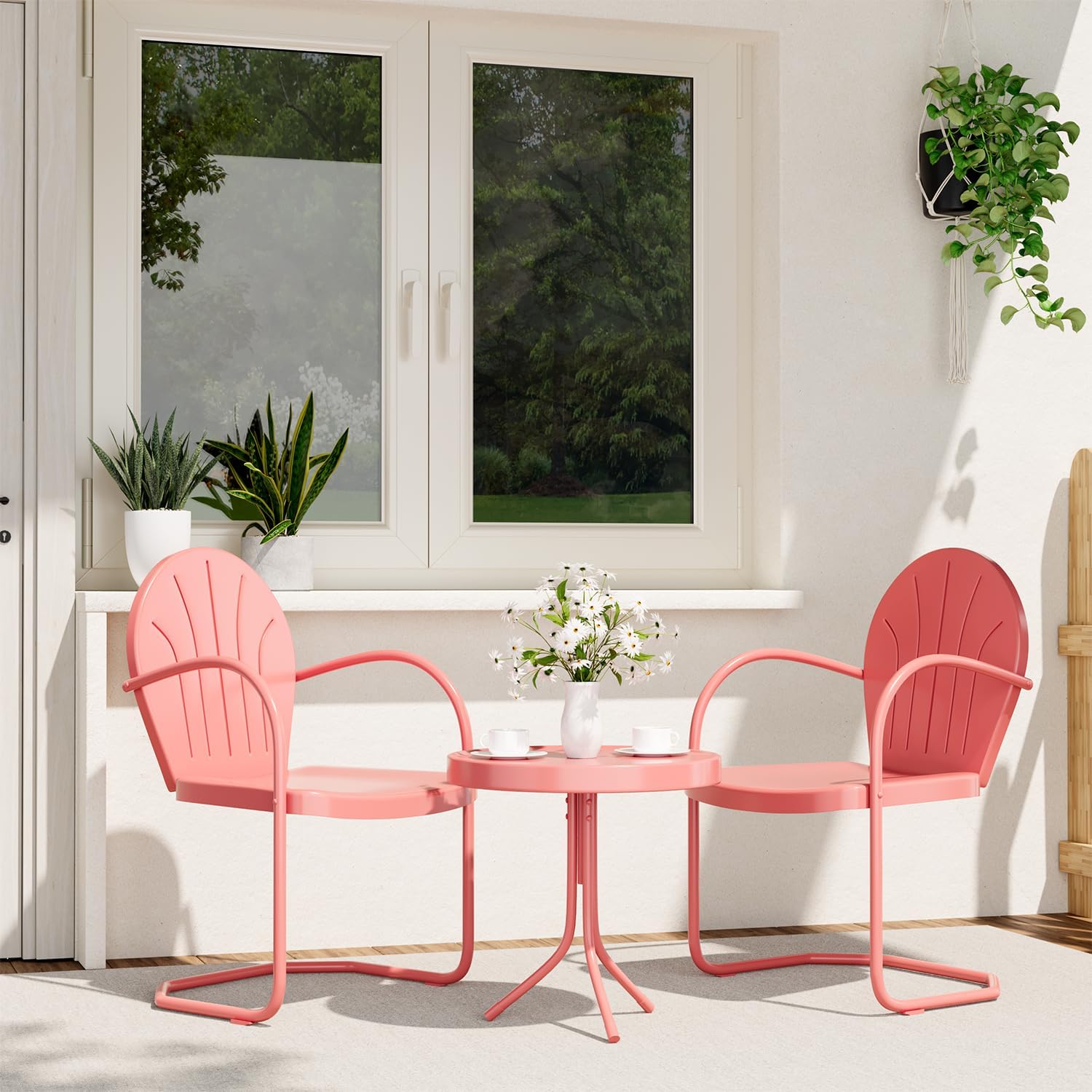 Patio Bistro Set Retro Metal Outdoor Seating Set Conversation Set 3 Pieces, 2 C-Spring Motion Armchairs and Round Side Table, for Porch, Lawn, Garden (Green)