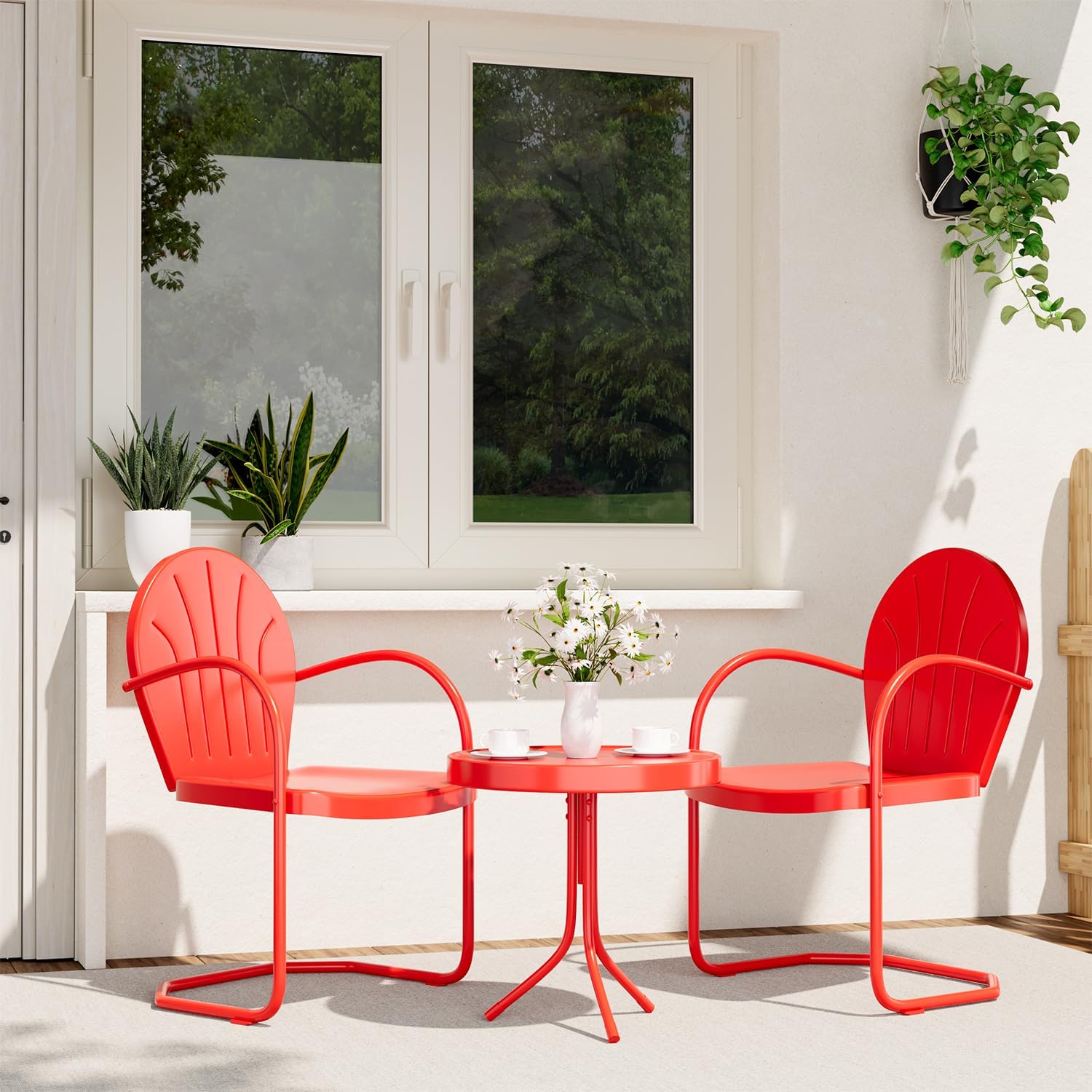 Patio Bistro Set Retro Metal Outdoor Seating Set Conversation Set 3 Pieces, 2 C-Spring Motion Armchairs and Round Side Table, for Porch, Lawn, Garden (Green)