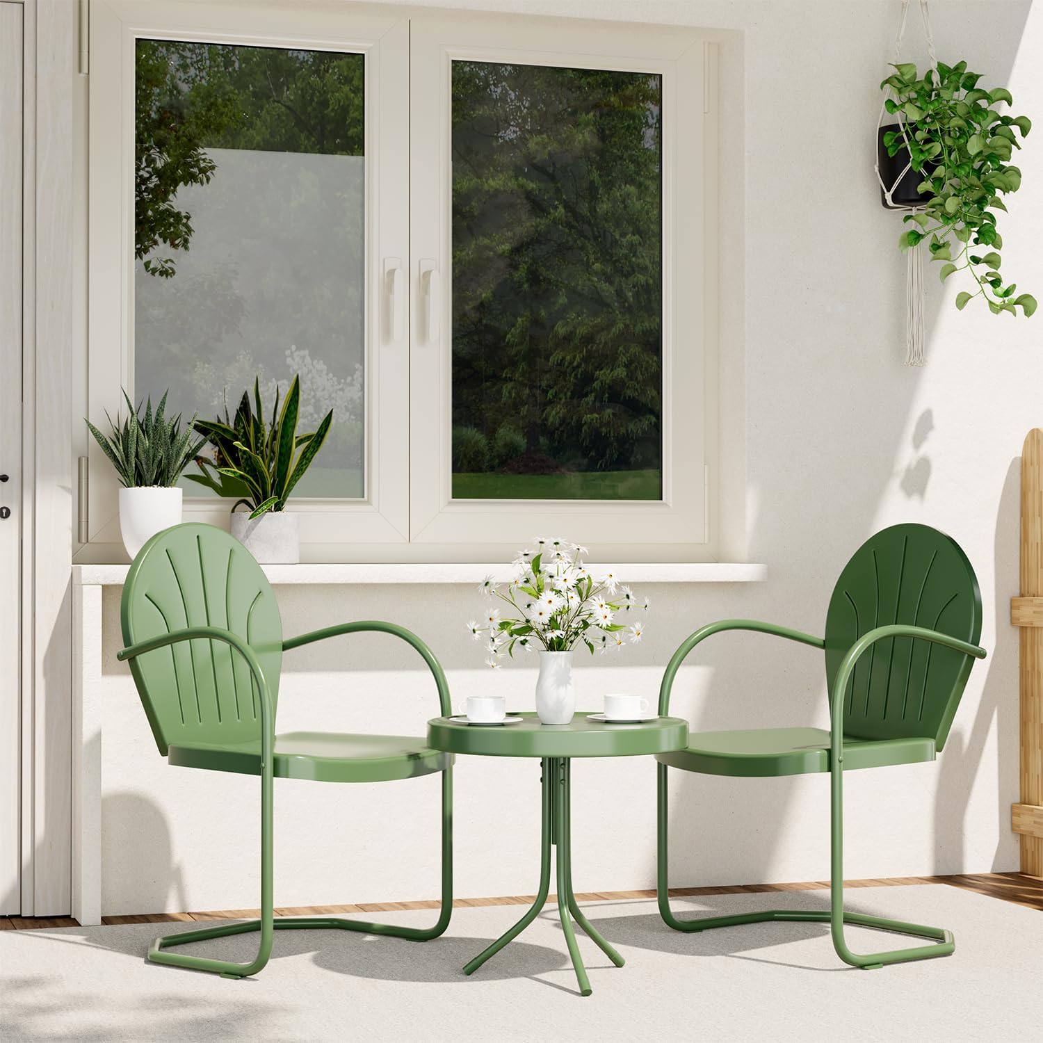 Patio Bistro Set Retro Metal Outdoor Seating Set Conversation Set 3 Pieces, 2 C-Spring Motion Armchairs and Round Side Table, for Porch, Lawn, Garden (Green)