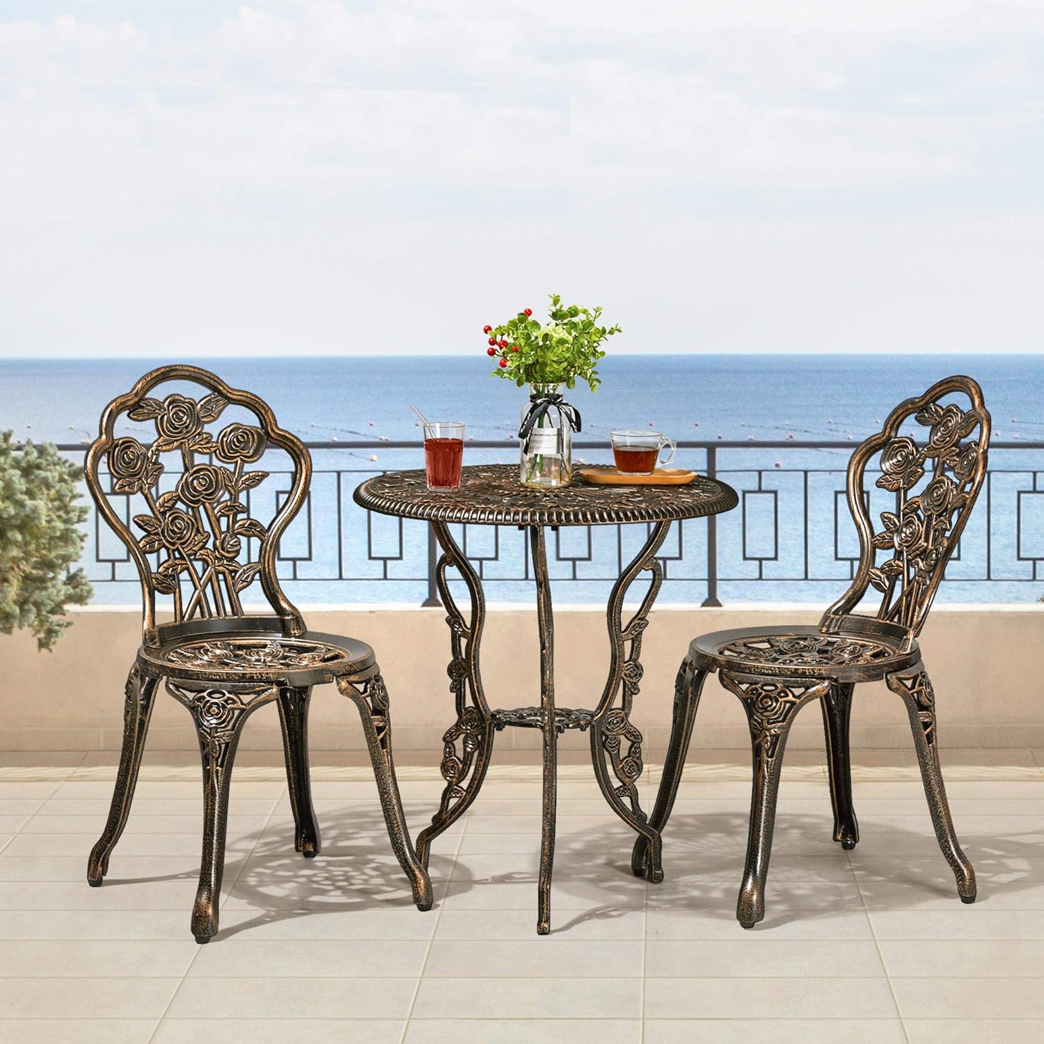 3-Piece Outdoor Bistro Set w/Rose Design, Rust-Resistant Cast Aluminum Table and Chairs w/Umbrella Hole for Balcony Backyard Garden - Bronze