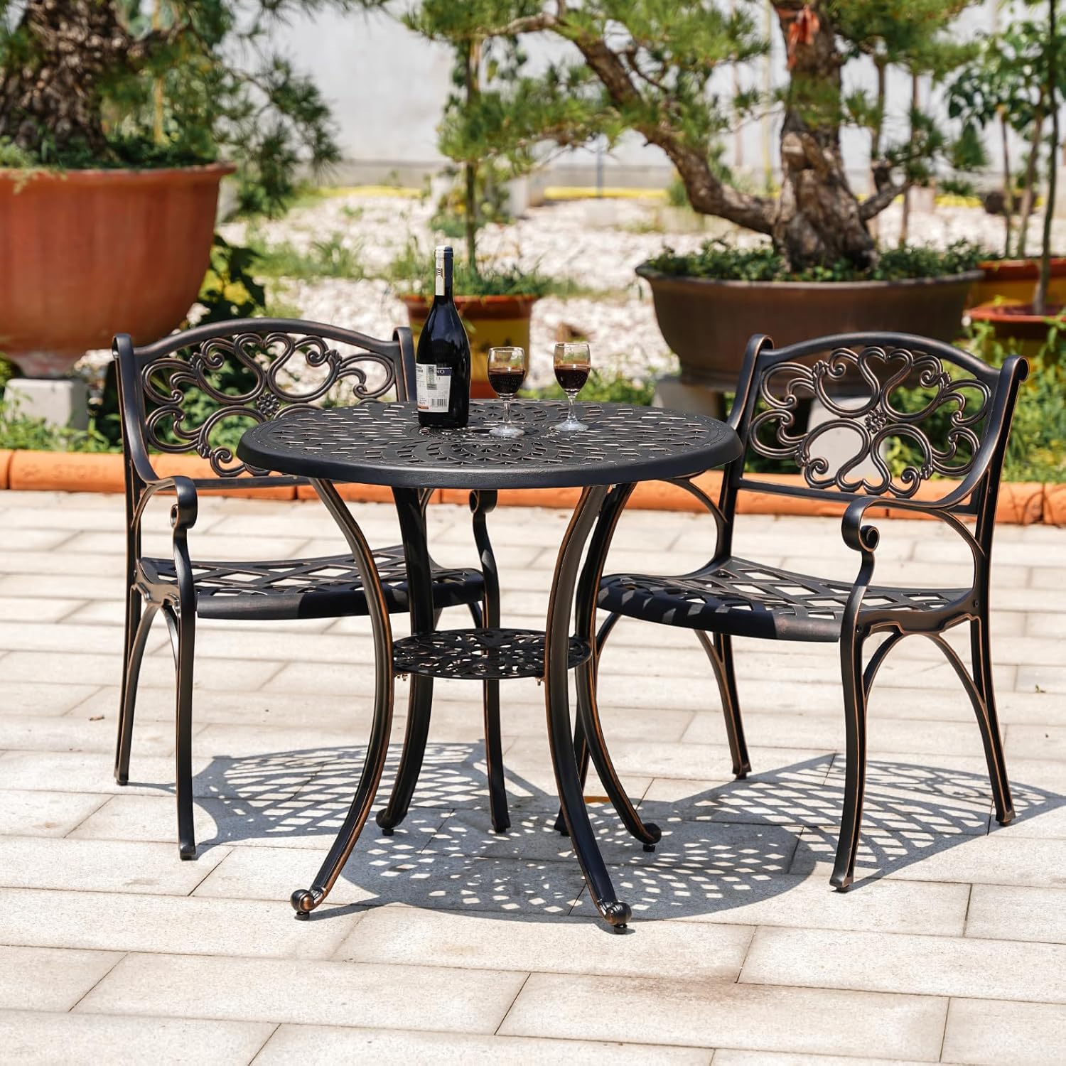 Table and Chairs Set of 2, White Metal Patio Bistro Set, Cast Aluminum Bistro Set 3 Piece Outdoor with Umbrella Hole, 3 Piece Outdoor Bistro Set for Balcony Garden Porch
