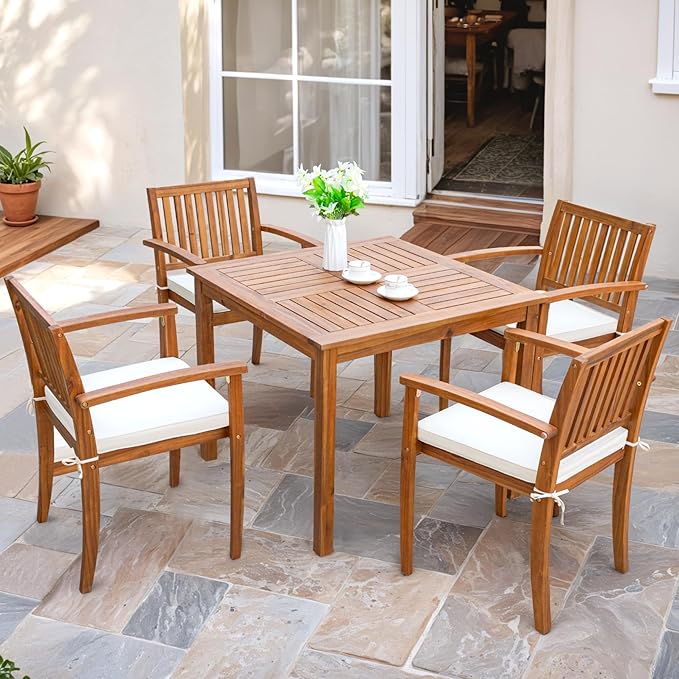 5 Piece Outdoor Dining Set Acacia Wood Patio Table and Chairs with Soft Cushions Patio Furniture for Deck, Backyard, Garden