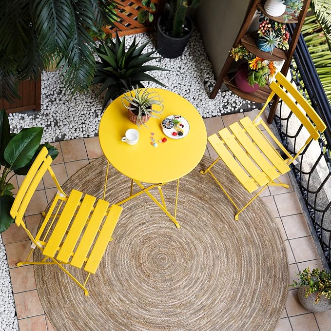 3-Piece Folding Bistro Set, 2 Chairs and 1 Table, Weather-Resistant Outdoor/Indoor Conversation Set for Patio, Yard, Garden-Yellow