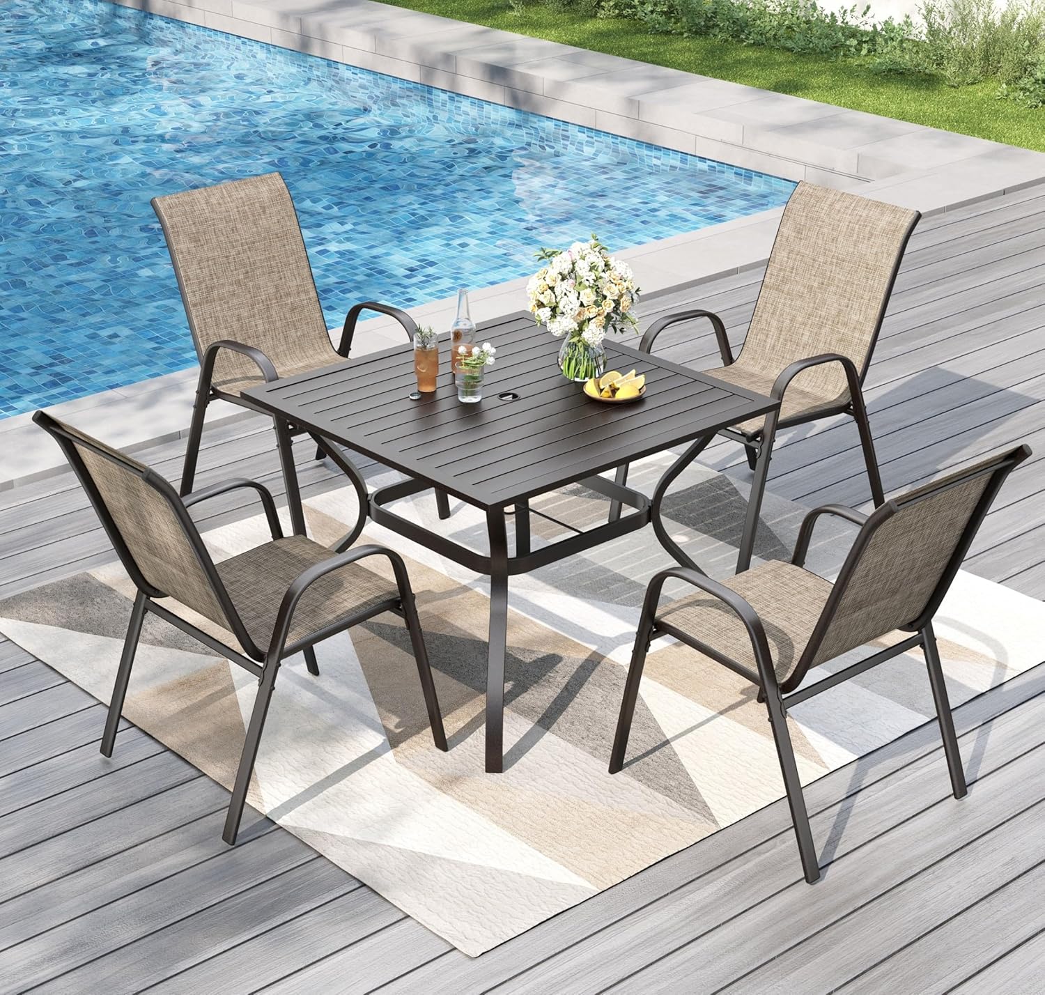 5 Piece Outdoor Dining Set with 4 Stackable Patio Chairs and a 37'' Carbon Crystal Patio Table, All Weather Small Patio Furniture Set for Deck Lawn Garden Poolside Backyard