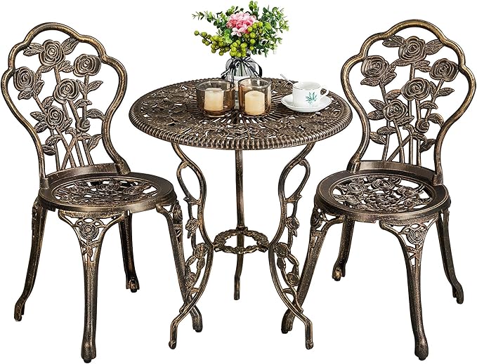 3-Piece Outdoor Bistro Set w/Rose Design, Rust-Resistant Cast Aluminum Table and Chairs w/Umbrella Hole for Balcony Backyard Garden - Bronze