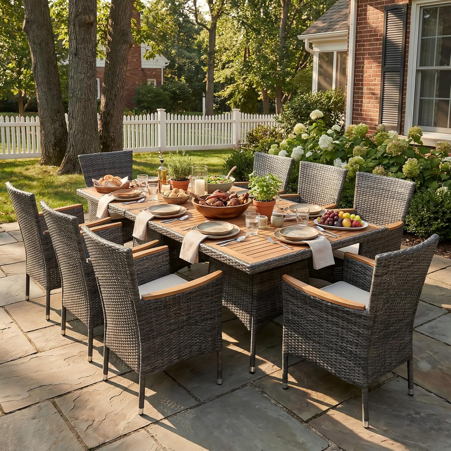 Patio Outdoor Table and Chairs Set, Rattan Outdoor Patio Furniture Set with Removable Cushions, Outdoor Patio Dining Sets with Acacia Wood Tabletop for Deck Garden Backyard, Brown