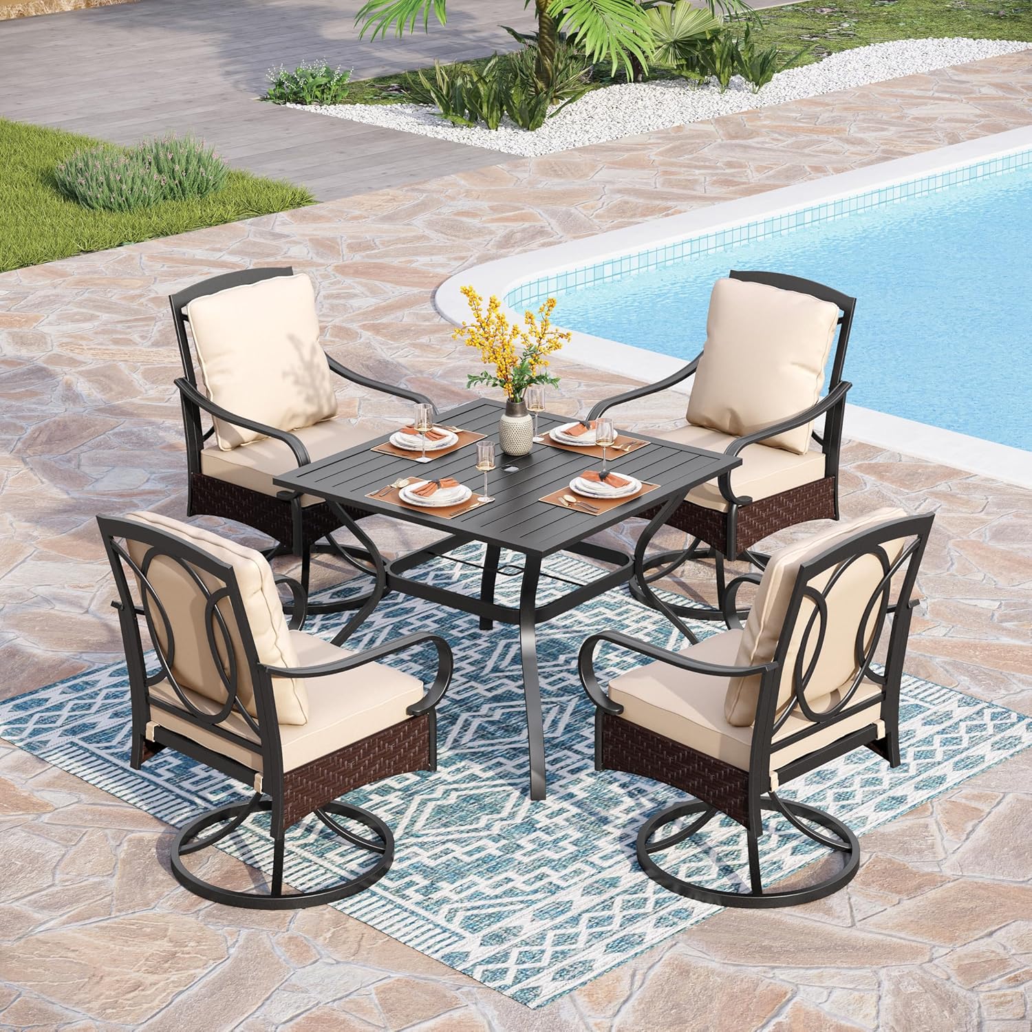  6-Piece Outdoor Dining Sets, All-Weather Patio Table and Chairs Set with Umbrella for 4, Heavy Duty Patio Round Table Set for Deck, 4 Extra Large Outdoor Swivel Chairs with Thick Cushions