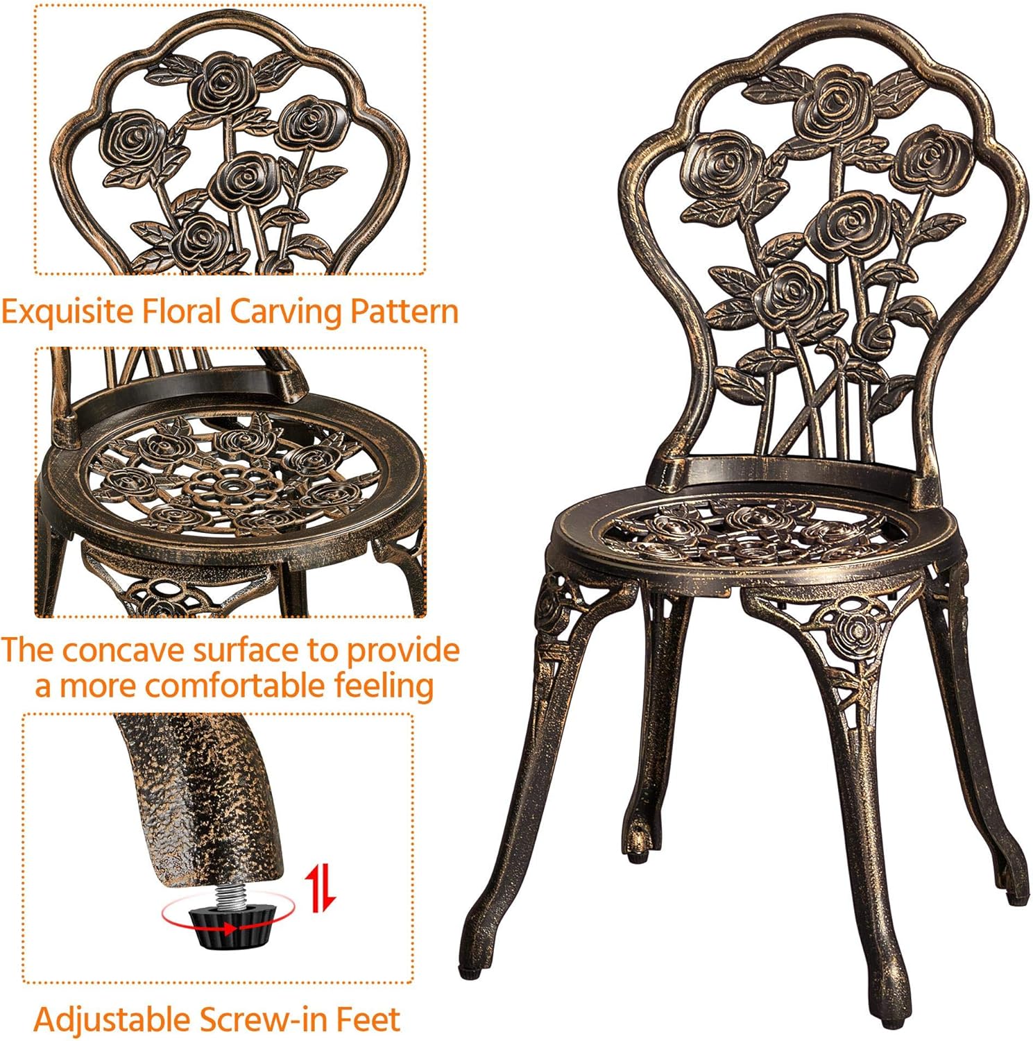 3-Piece Outdoor Bistro Set w/Rose Design, Rust-Resistant Cast Aluminum Table and Chairs w/Umbrella Hole for Balcony Backyard Garden - Bronze