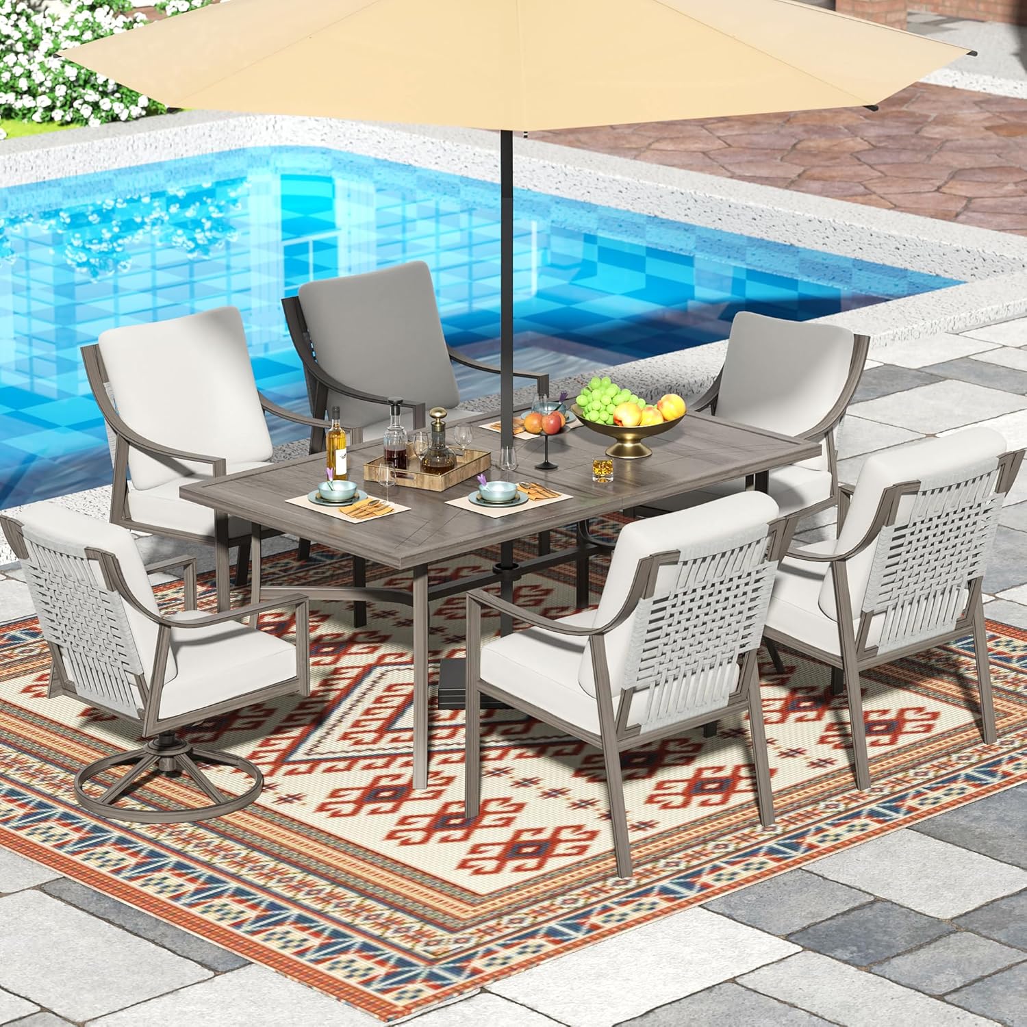5-Piece Outdoor Patio Dining Set, 4pcs Patio Swivel Rocking Chairs and 38’’ Round Dining Table with 1.65’’ Umbrella Hole