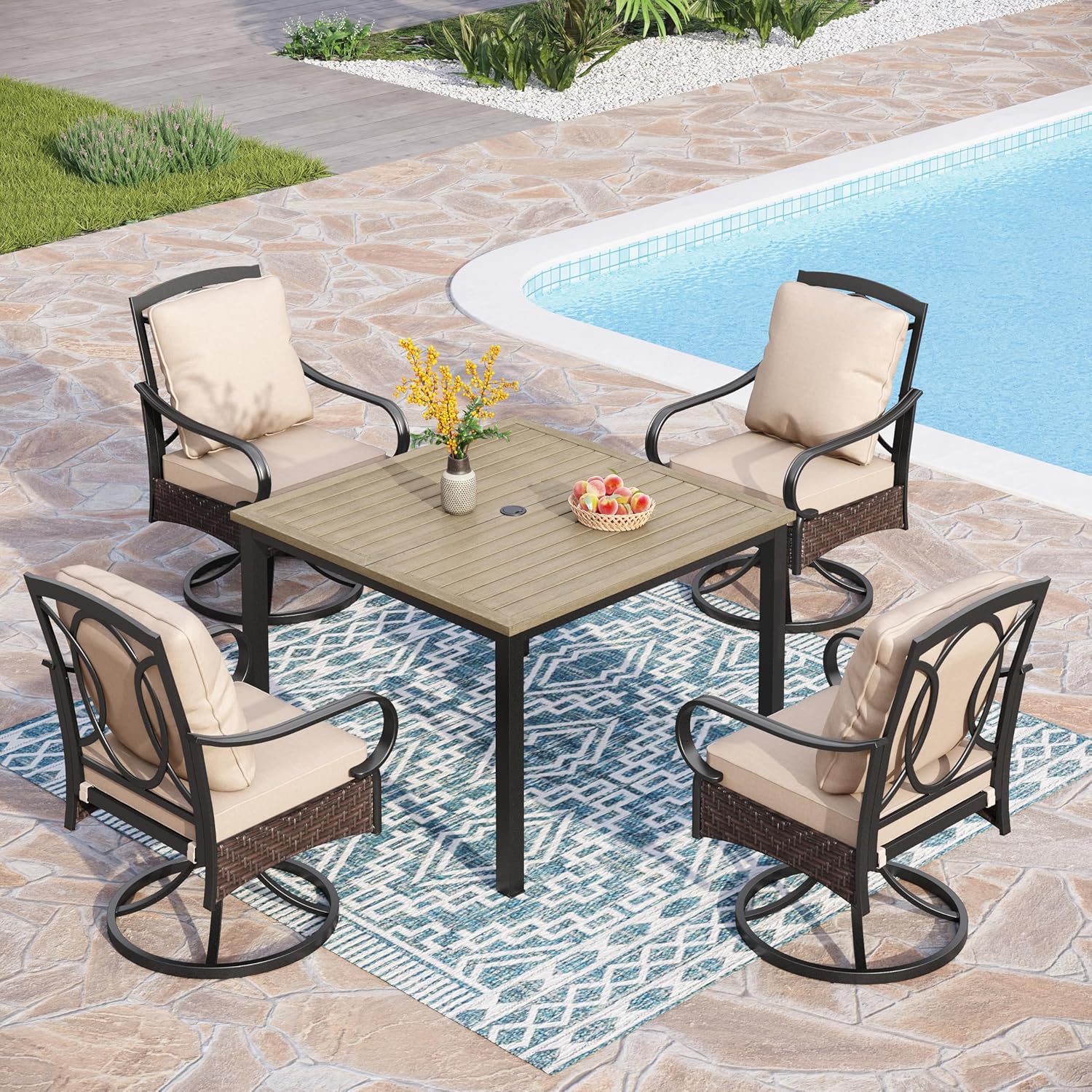  6-Piece Outdoor Dining Sets, All-Weather Patio Table and Chairs Set with Umbrella for 4, Heavy Duty Patio Round Table Set for Deck, 4 Extra Large Outdoor Swivel Chairs with Thick Cushions