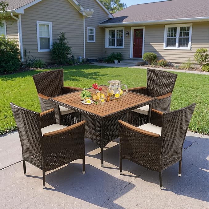 Patio Outdoor Table and Chairs Set, Rattan Outdoor Patio Furniture Set with Removable Cushions, Outdoor Patio Dining Sets with Acacia Wood Tabletop for Deck Garden Backyard, Brown