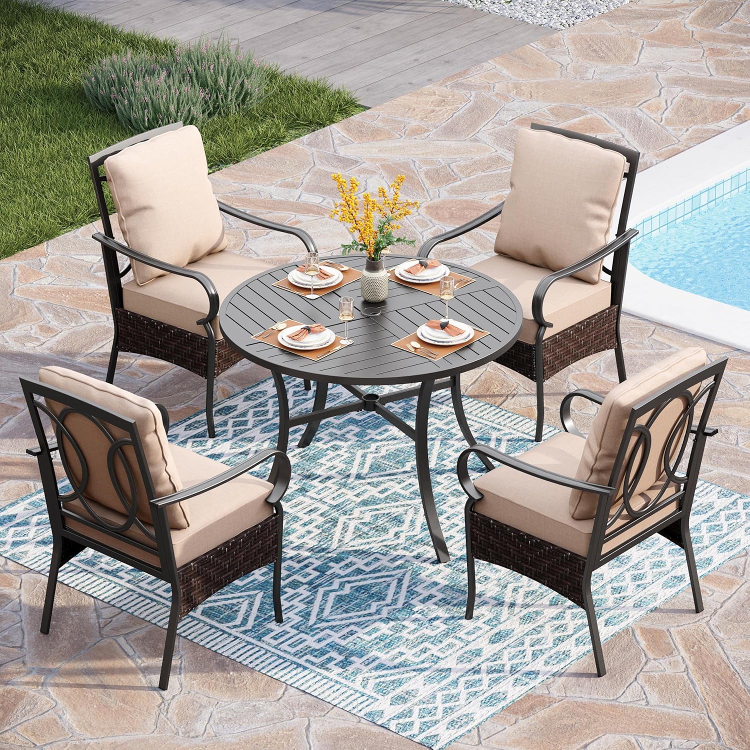  6-Piece Outdoor Dining Sets, All-Weather Patio Table and Chairs Set with Umbrella for 4, Heavy Duty Patio Round Table Set for Deck, 4 Extra Large Outdoor Swivel Chairs with Thick Cushions