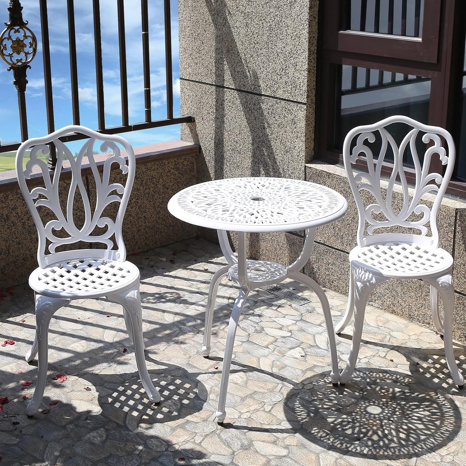 3-Piece Bistro Set - Outdoor Patio Table Set, Anti-Rust Cast Aluminum, White