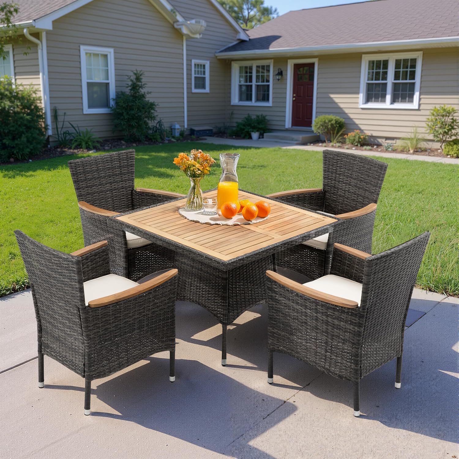 Patio Outdoor Table and Chairs Set, Rattan Outdoor Patio Furniture Set with Removable Cushions, Outdoor Patio Dining Sets with Acacia Wood Tabletop for Deck Garden Backyard, Brown