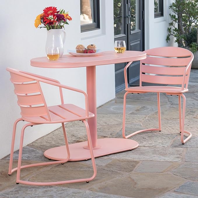 Merax Bistro Table and Chairs Set of 2 Retro Iron Outdoor Dining Table Armchairs Oval Tabletop All-Weather Bistro Set for Porch Patio Balcony Lawn Garden (Coral Pink)