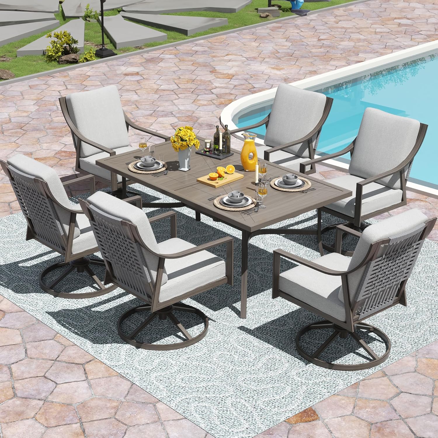 5-Piece Outdoor Patio Dining Set, 4pcs Patio Swivel Rocking Chairs and 38’’ Round Dining Table with 1.65’’ Umbrella Hole