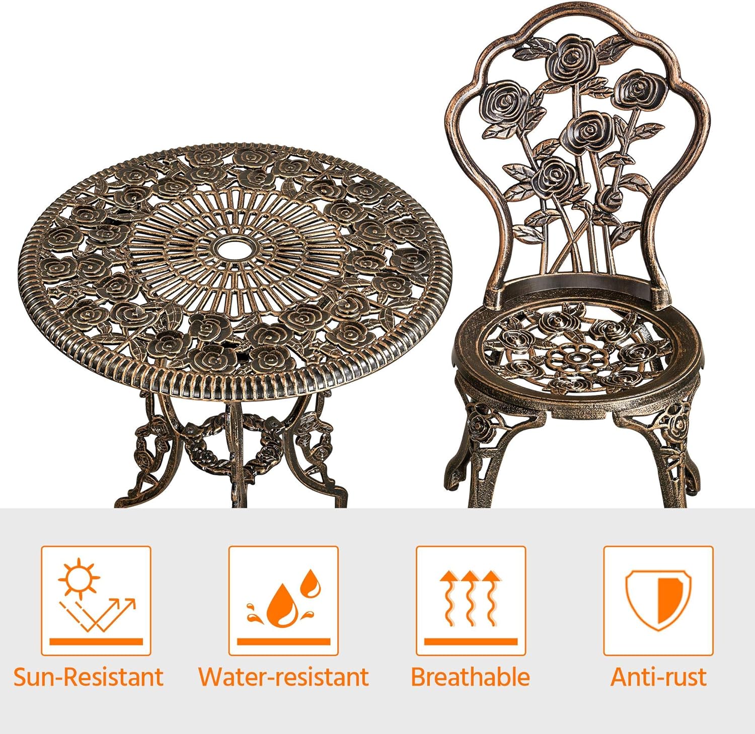 3-Piece Outdoor Bistro Set w/Rose Design, Rust-Resistant Cast Aluminum Table and Chairs w/Umbrella Hole for Balcony Backyard Garden - Bronze