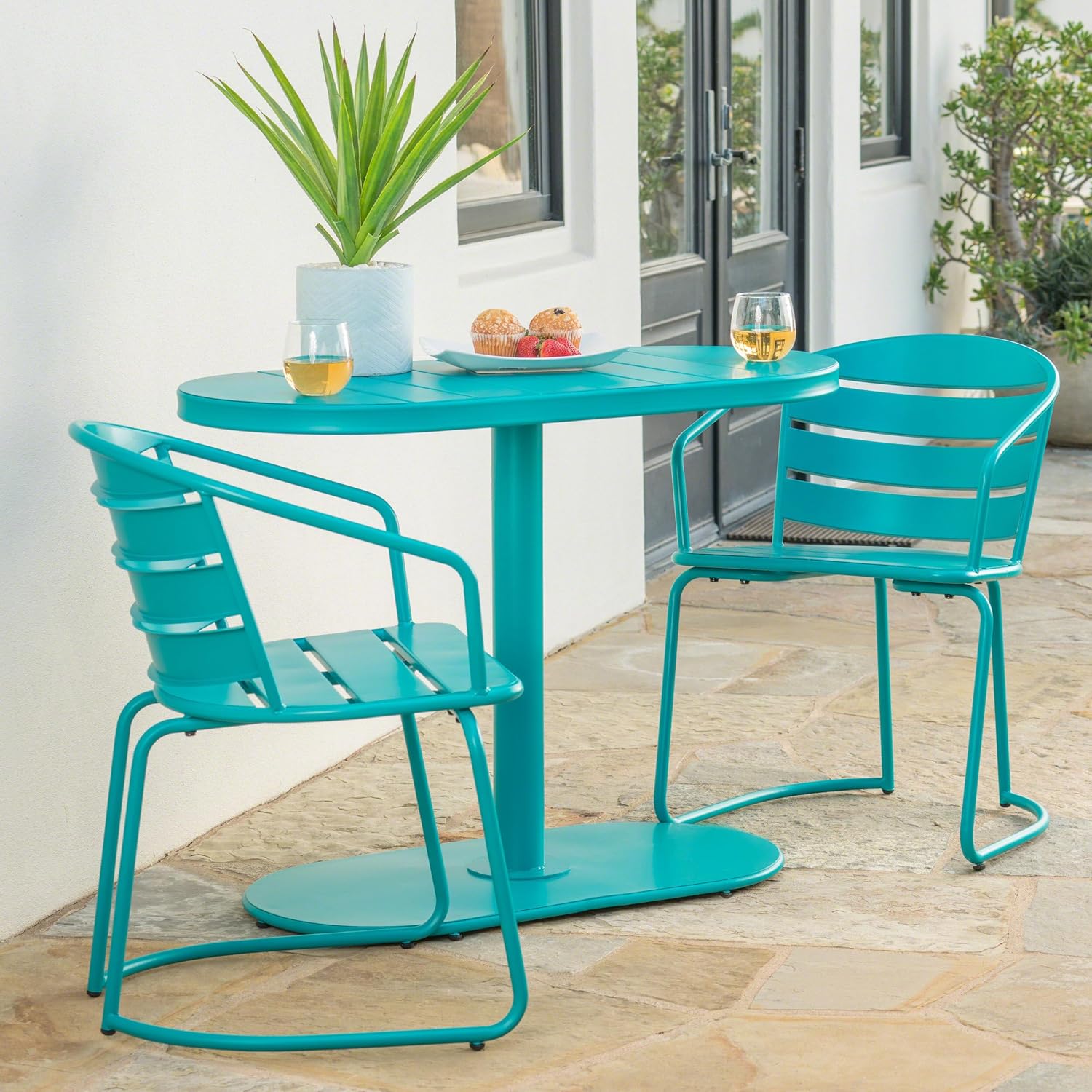 Merax Bistro Table and Chairs Set of 2 Retro Iron Outdoor Dining Table Armchairs Oval Tabletop All-Weather Bistro Set for Porch Patio Balcony Lawn Garden (Coral Pink)