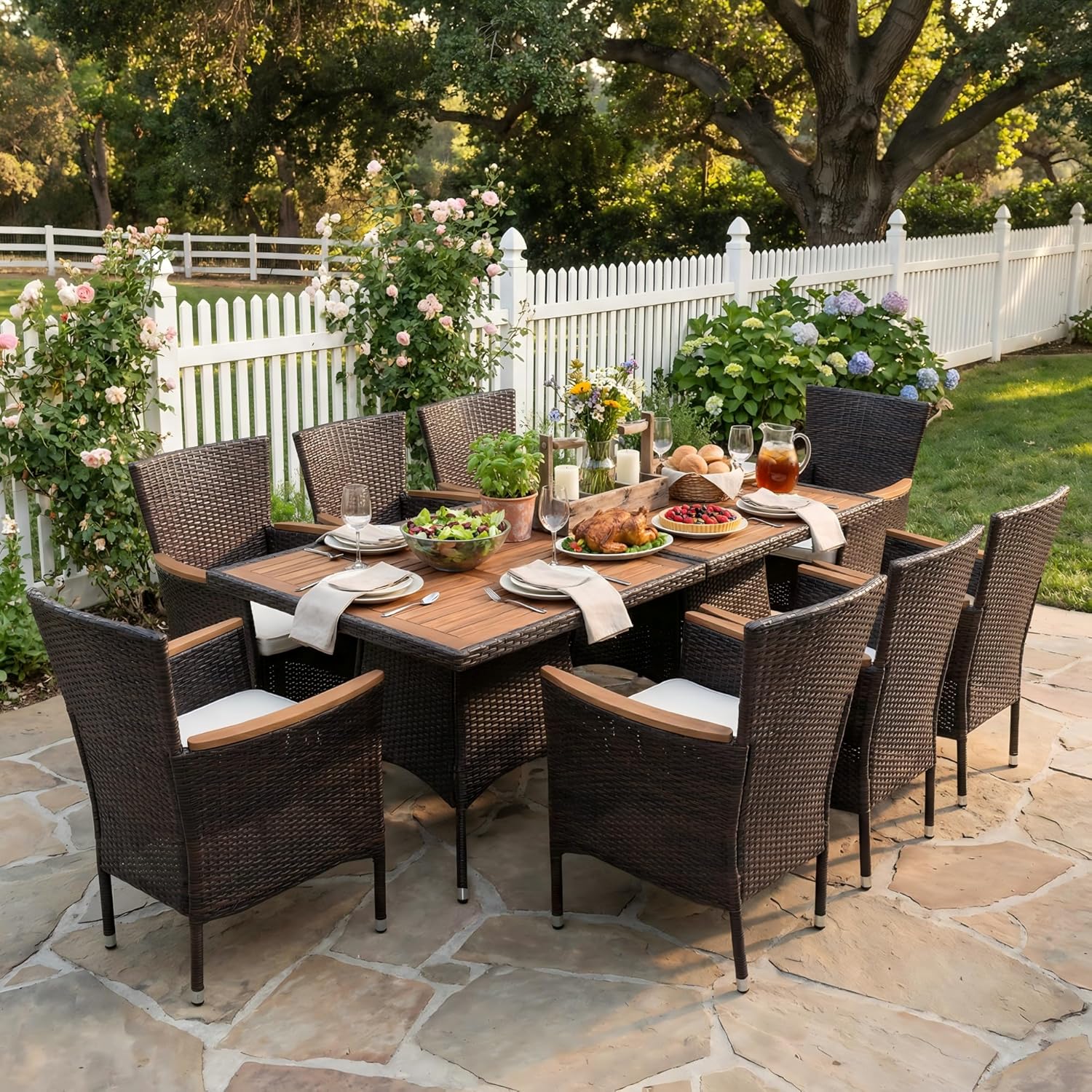 Patio Outdoor Table and Chairs Set, Rattan Outdoor Patio Furniture Set with Removable Cushions, Outdoor Patio Dining Sets with Acacia Wood Tabletop for Deck Garden Backyard, Brown