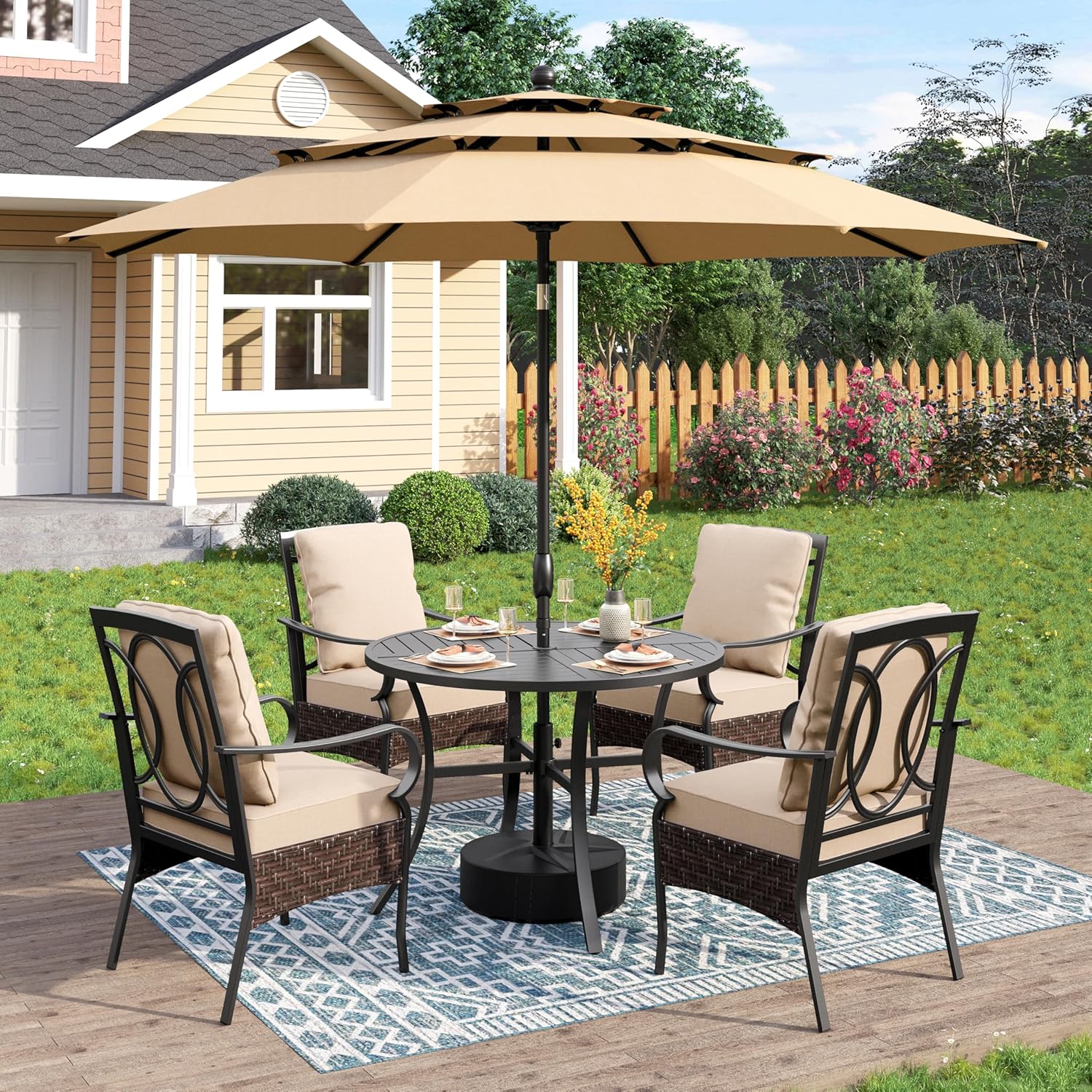  6-Piece Outdoor Dining Sets, All-Weather Patio Table and Chairs Set with Umbrella for 4, Heavy Duty Patio Round Table Set for Deck, 4 Extra Large Outdoor Swivel Chairs with Thick Cushions
