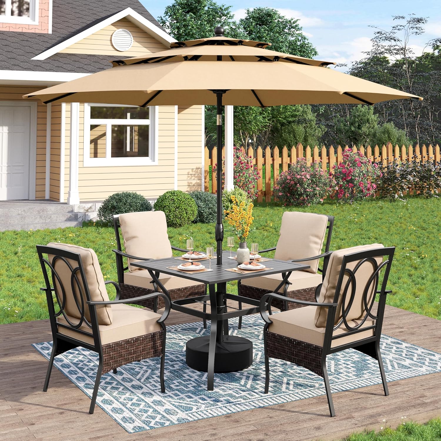  6-Piece Outdoor Dining Sets, All-Weather Patio Table and Chairs Set with Umbrella for 4, Heavy Duty Patio Round Table Set for Deck, 4 Extra Large Outdoor Swivel Chairs with Thick Cushions