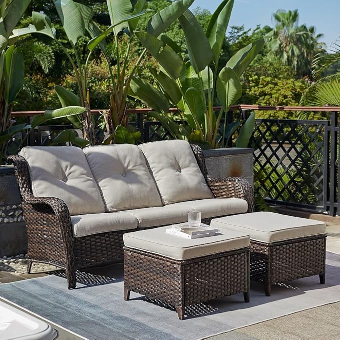  Outdoor Wicker 3-seat Sofa, Patio Rattan Couch with 6-Inch Thick Cushions
