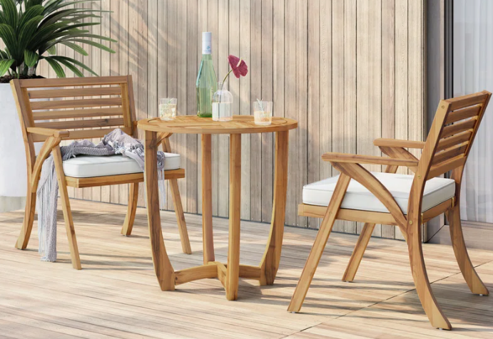 2 - Person Acacia Wood Patio Dining Set with Round Table , Cushions Included