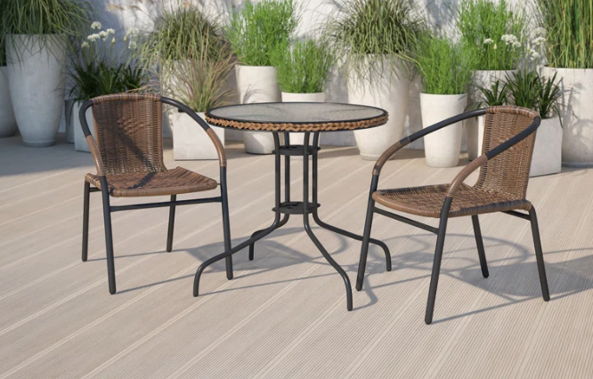 28'' Round Metal Table with Rattan Edging and 2 Rattan Stack Chairs