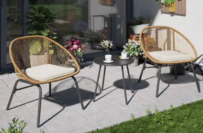 3 Piece Patio Bistro Rattan Chair & Table Set with Cushions