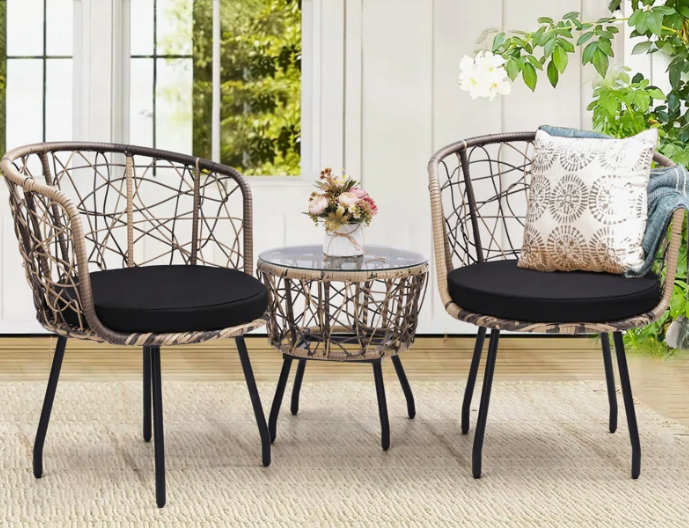 3 Piece Bistro Set, Modern Outdoor Wicker Patio Furniture with Tempered Glass Table Top and 2 Chairs, Natural Rattan and Black Cushion (Set of 3)