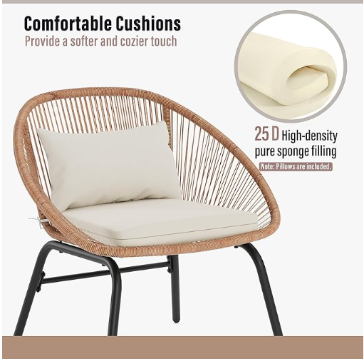 3 Piece Patio Bistro Rattan Chair & Table Set with Cushions