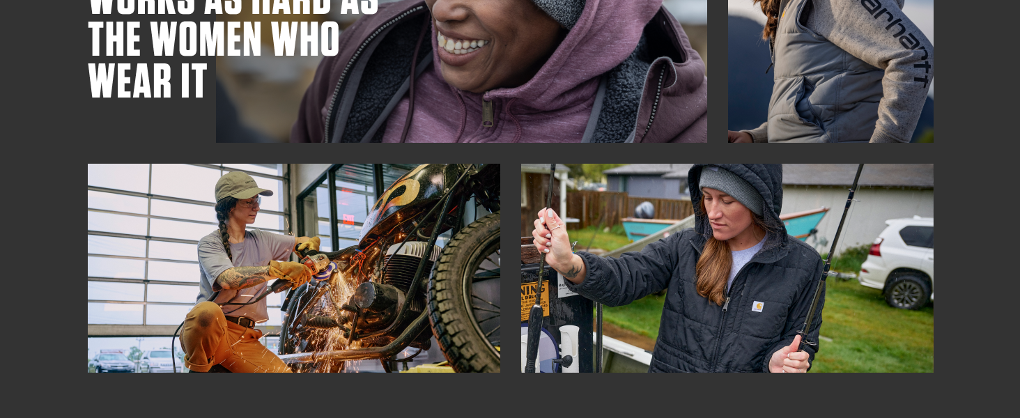 Women's gear that works as hard as the women who wear it, image collage of women working in Carhartt